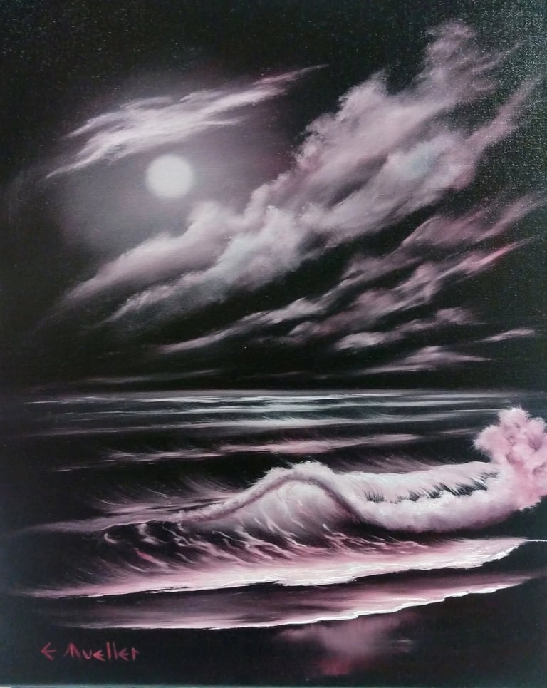 a moonlit ocean wave in the style of bob ross