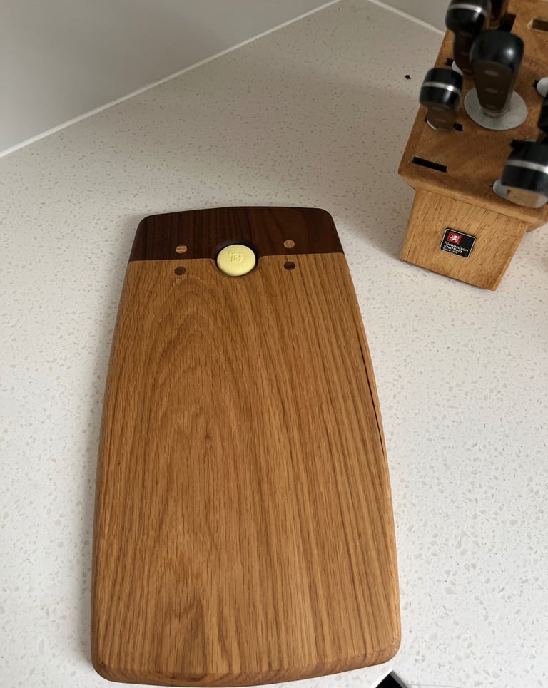 American Walnut and English Oak chopping board with space saving wall hanger