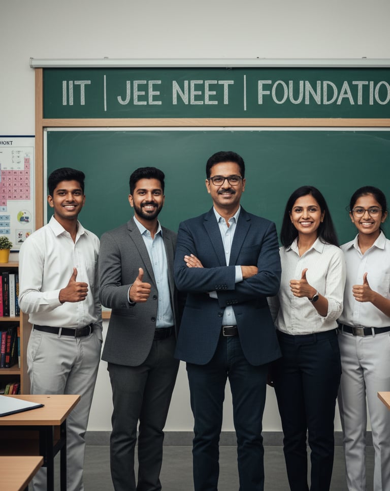 Group photo of smiling, confident Indian teachers and students standing together in a modern coachin
