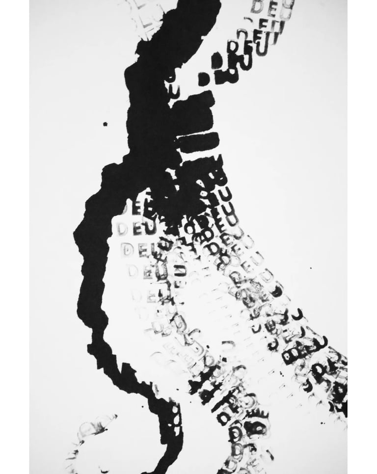 Abstract black and white typography art featuring ink stamp textures and repetitive letter patterns.