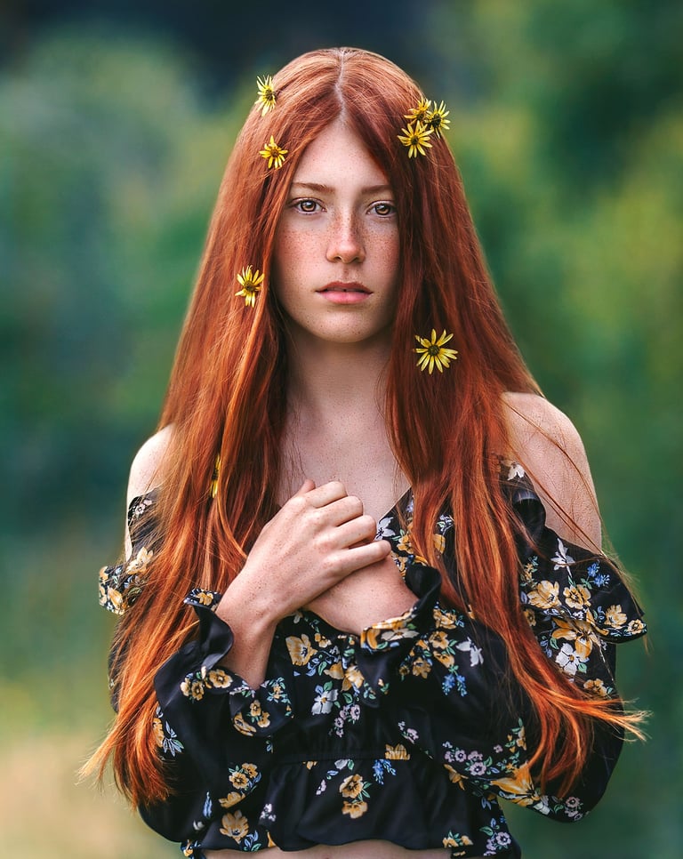 a girl with freckles and long red hair standing in a green field and has daisies on her hair