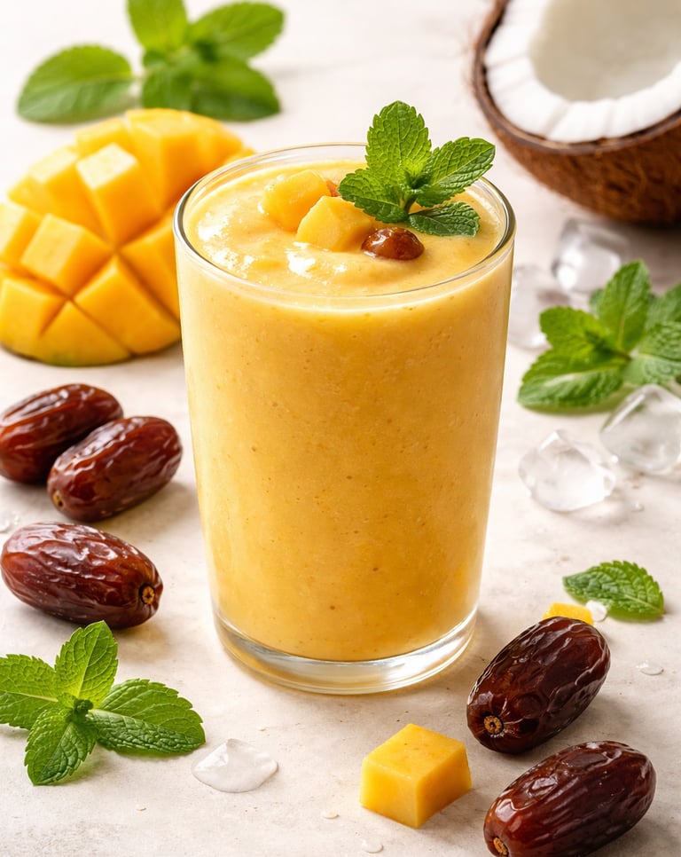 A refreshing mango and date smoothie in a glass garnished with mint and fresh fruit.