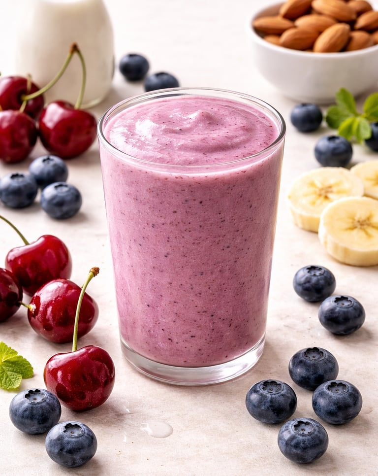 A glass of creamy berry smoothie surrounded by fresh blueberries, cherries, and banana slices.