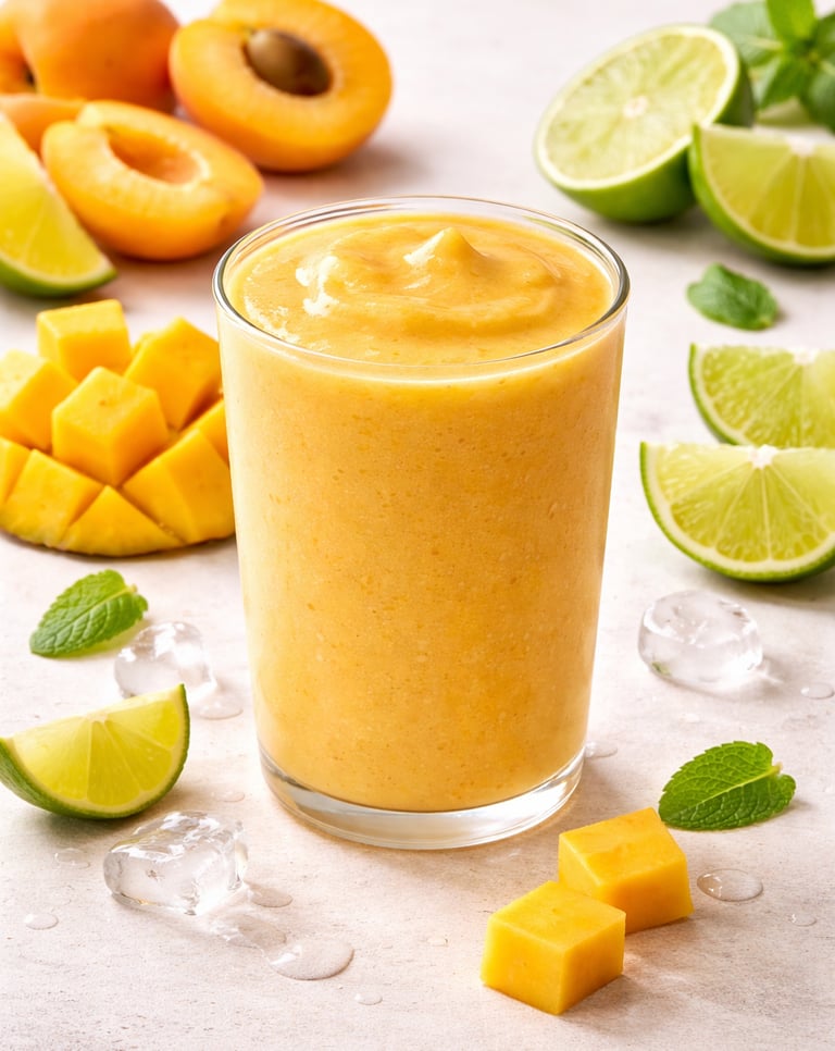 A glass of yellow mango apricot smoothie with fresh lime slices and mint on a white table.