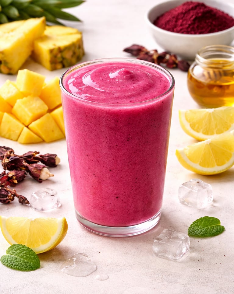 Refreshing pink hibiscus smoothie with fresh pineapple, lemon slices, and honey on a white marble background.