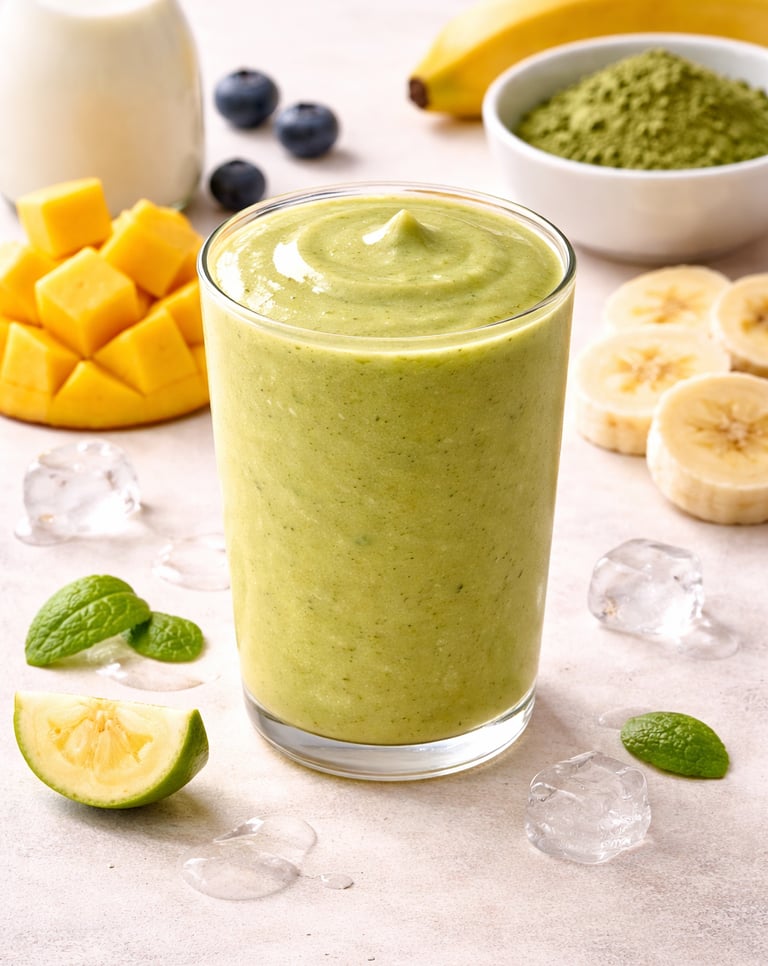 A creamy green matcha smoothie in a glass with fresh mango, banana slices, and mint leaves.