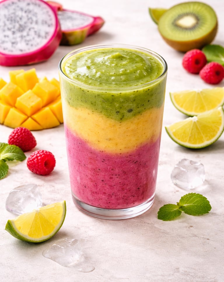 Layered tropical fruit smoothie with dragon fruit, mango, and kiwi served with fresh berries and lime.
