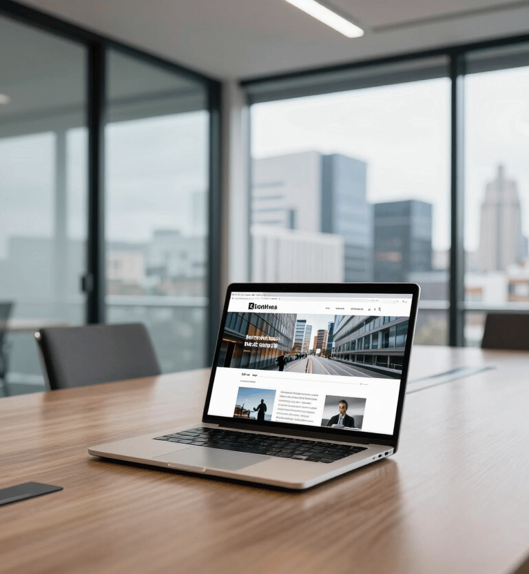 A wide shot of a contemporary British boardroom with glass walls overlooking a cityscape. A high-spec laptop shows a professional website layout. The lighting is bright and clean, reflecting a trustworthy corporate environment.