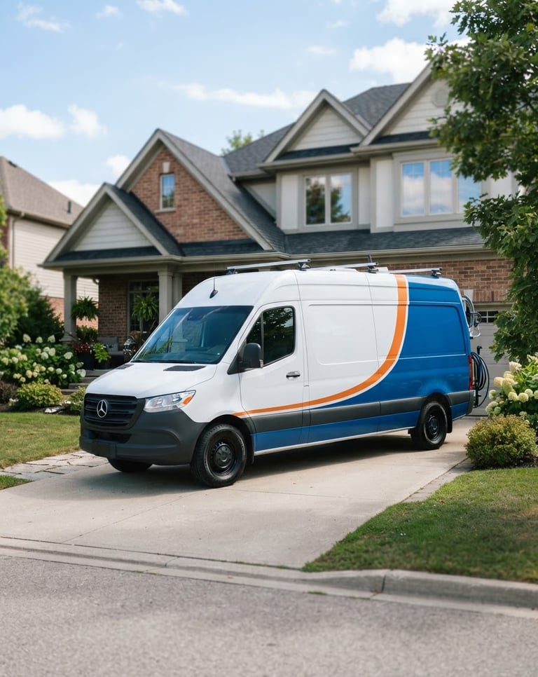 Clean professional service van parked in front of a neat suburban home, bright natural daylight, crisp details, blue and orange tones, shallow depth of field, low horizon.