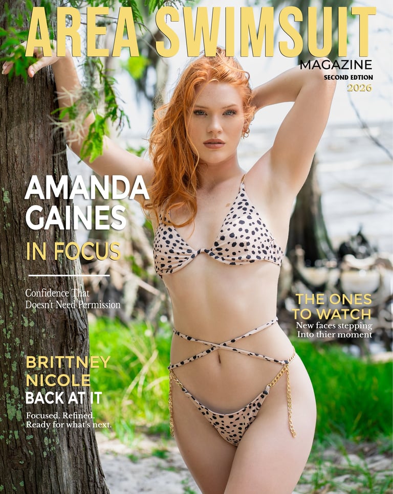Redhead model Amanda Gaines in a spotted bikini on an Area Swimsuit magazine cover.