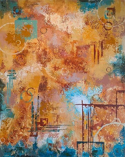 Rust, oxide, and deep earth hues mingle with blue-green tones in this textured, abstract painting.