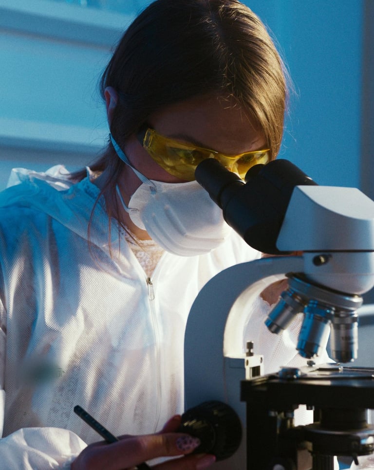 a woman in a lab coat and goggles, holding a microscope and looking at