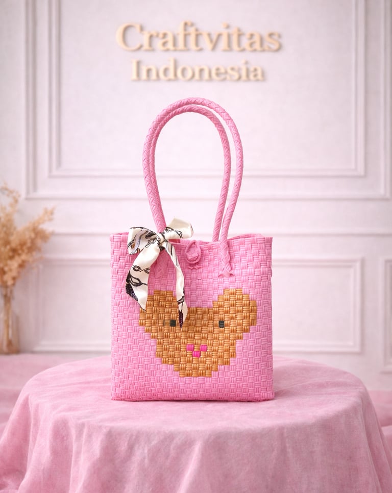 Tas anyaman karakter beruang warna pink handmade untuk hampers dan kado