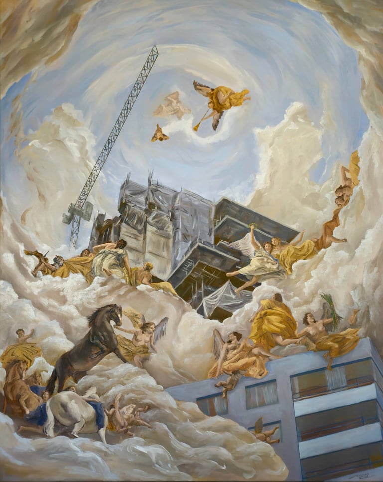 a painting of a building with angels