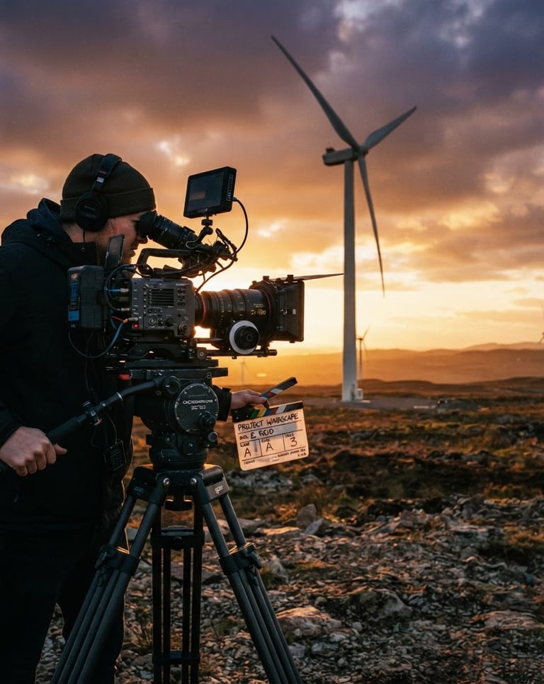Behind-the-scenes shot of a professional camera rig on a heavy tripod, focusing on a massive industrial wind turbine in the background, warm sunset side-lighting, high-contrast, 35mm film grain.