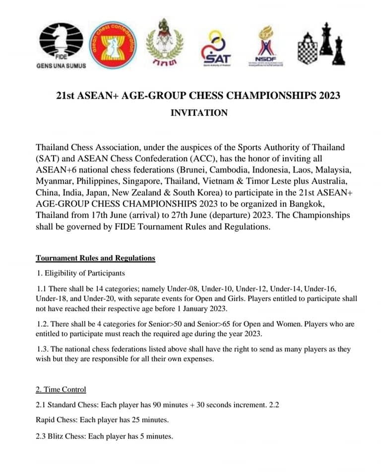 21st ASEAN+ Age Group Chess Championship 2023. ASEAN Chess. Thailand Chess Association