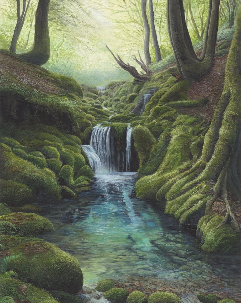Acrylic painting of a moss-covered woodland waterfall and forest stream, with ferns, tree roots and 