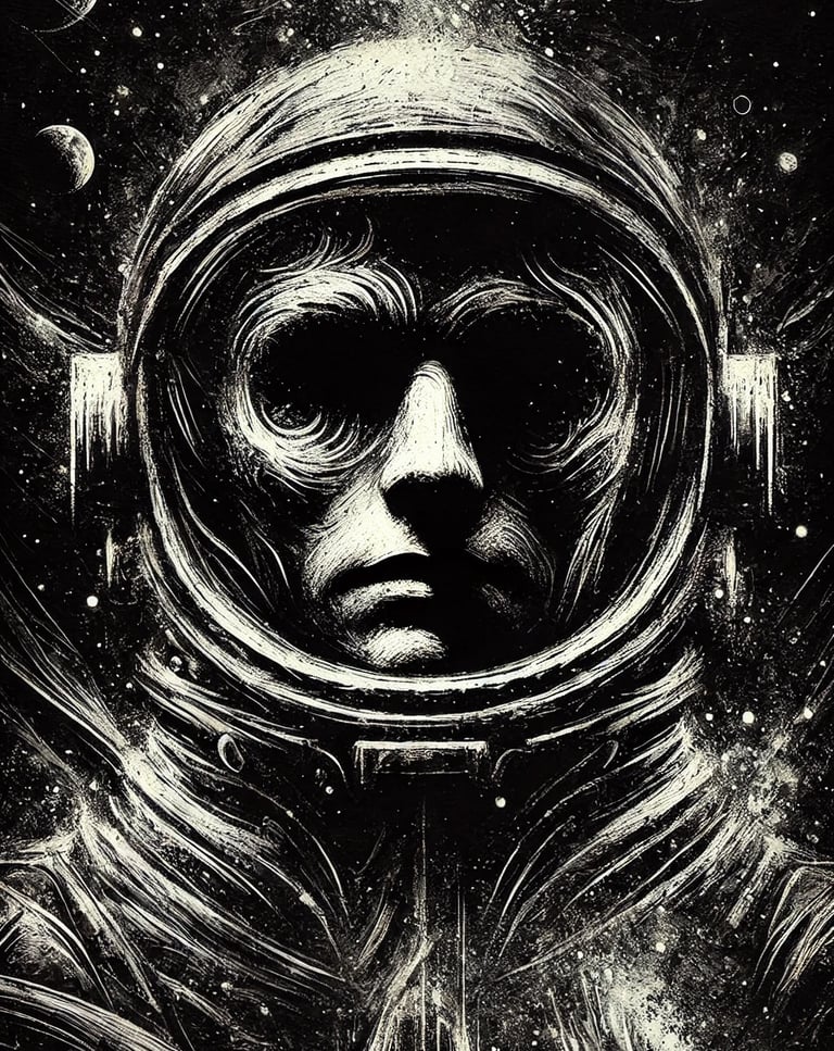 A dark monochrome astronaut portrait.