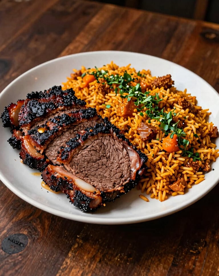 High-angle culinary photograph of a catering platter featuring slow-smoked American brisket and spicy West African jollof rice garnished with fresh herbs, set on a rustic dark timber table in a North American / US venue. Vibrant warm gold and burnt orange food colors highlighted under warm cinematic lighting.