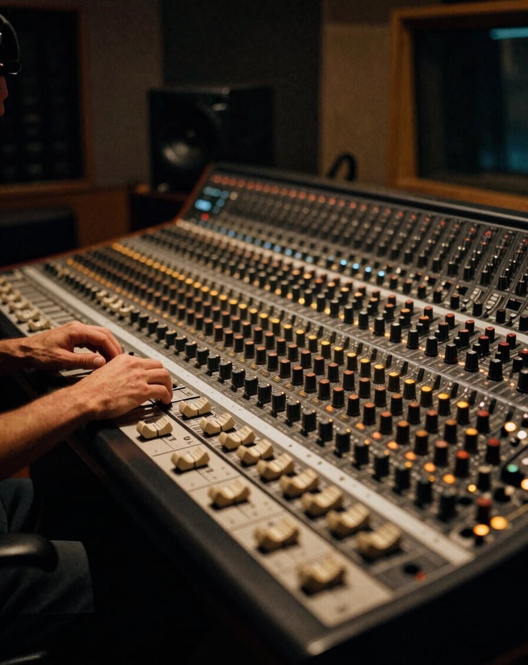 Wide atmospheric shot of Norra Ibless working at a large mixing console in a high-end recording studio, warm amber glow from tube gear, deep matte black shadows, focused expression, shallow depth of field, 35mm film grain, console fills the right half of the frame.