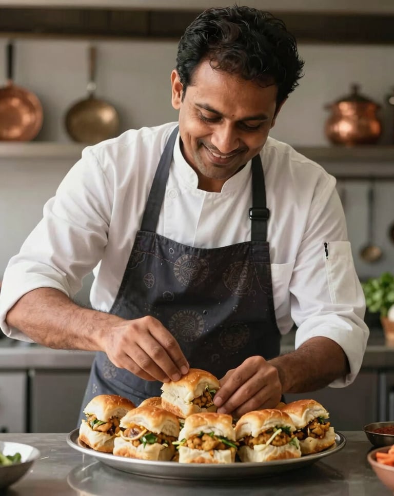 A candid, medium-shot photograph of a professional South Asian chef in a modern kitchen. He is smiling warmly, wearing a clean dark apron with subtle Indian patterns. He is carefully garnishing a beautiful platter of freshly made, golden-brown Vada Pav and Kothimbir Vadi. The background is softly blurred, showing glimpses of warm copper utensils and fresh ingredients, capturing a sense of culinary mastery and rustic charm.