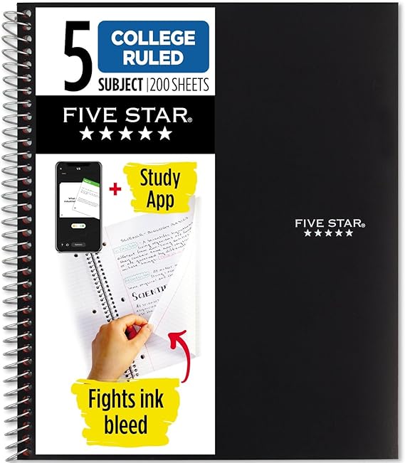 Black Five Star 5-subject spiral notebook with college-ruled pages and durable water-resistant cover