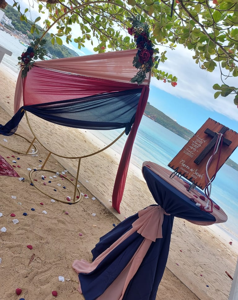 a table with a sign and round wedding arch