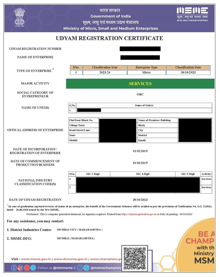 Udyog Aadhaar / MSME