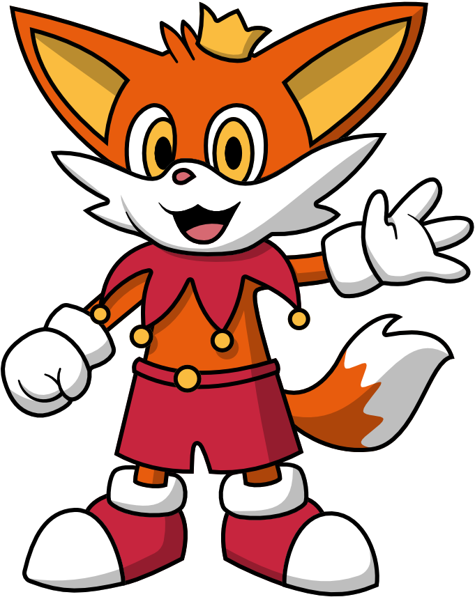 Cartoon anthropomorphic fennec fox with orange fur. It wears a yellow crown and a red jester cowl.