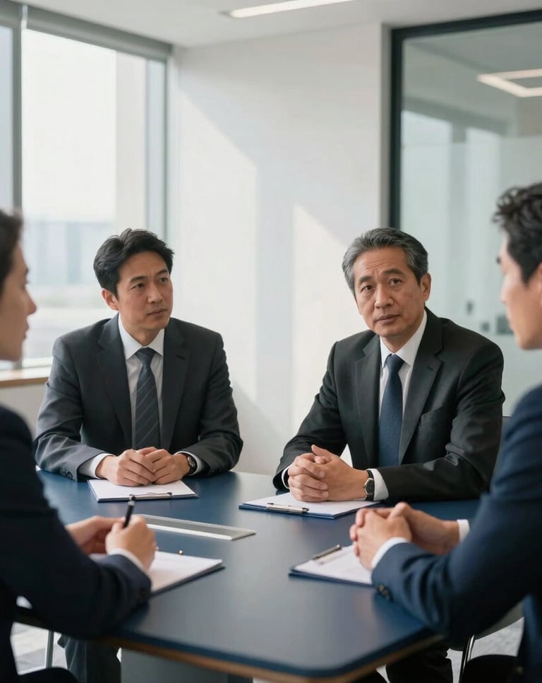 A professional medium-shot photograph of corporate leaders holding a strategic discussion around a dark slate blue conference table in a North American / US modern office building. Bright, natural daylight creates clean highlights against off-white walls and polished glass panels. High-trust, sophisticated corporate atmosphere with sharp depth of field.
