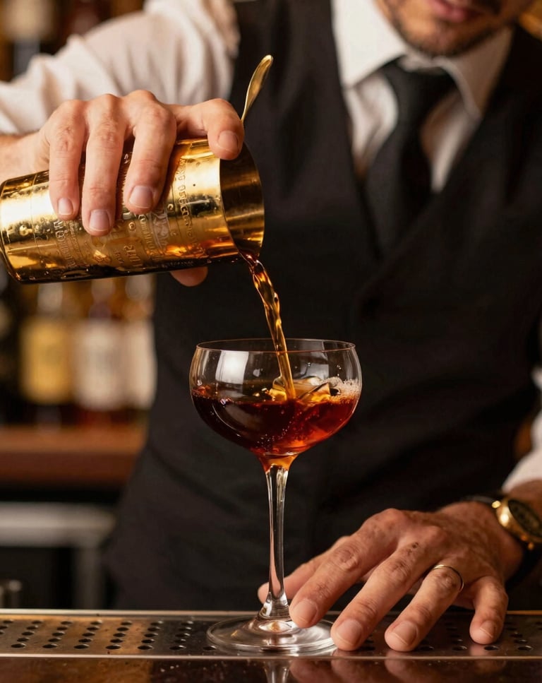 A professional, editorial-style photograph of a master mixologist at work in a premium Brazilian bar. Close-up on elegant hands carefully pouring a dark, rich amber liquid from a gold mixing tin into a vintage coupe glass. Warm golden lighting highlights the scene.