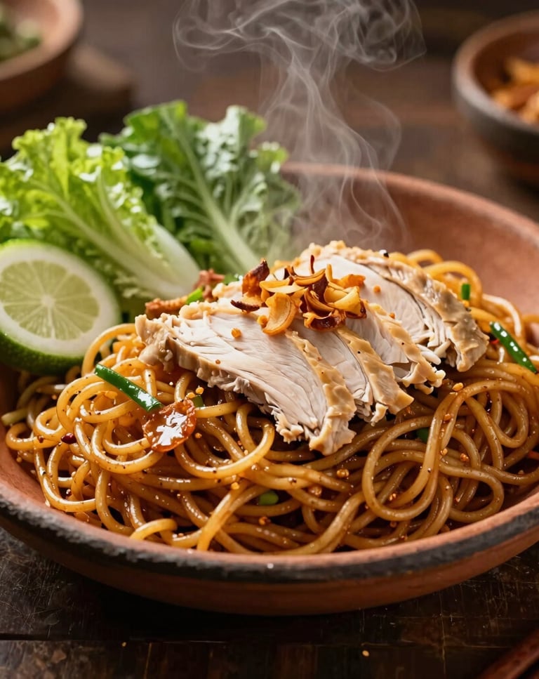 A appetizing food photograph of Javanese stir-fried noodles, Mie Goreng, served hot in a traditional clay plate. Decorated with fresh local vegetables, sliced chicken, and fried shallots, with warm golden lighting emphasizing the steam.