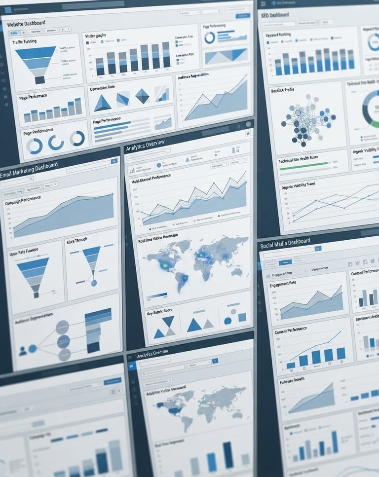 High-fidelity abstract UI wireframe showing website, email, SEO, social media, and analytics dashboards, clean tech photography, bright high-key studio lighting, crisp blue and slate accents, sharp focus, 35mm lens.