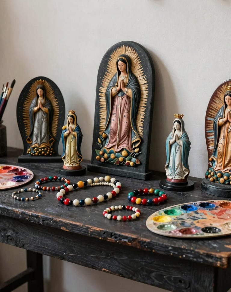 An artistic photography display inside a Chilean artisan studio. Beautifully arranged hand-painted virgin figures, beaded necklaces, and colorful bracelets rest beside paint palettes and fine brushes on a dark charcoal wooden mesón under soft studio lighting.