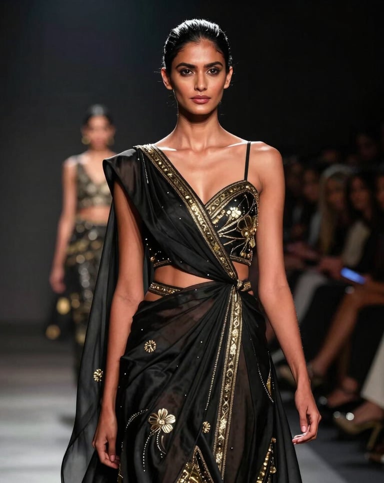 A sleek runway bathed in soft golden light with models poised in avant-garde black and white couture.