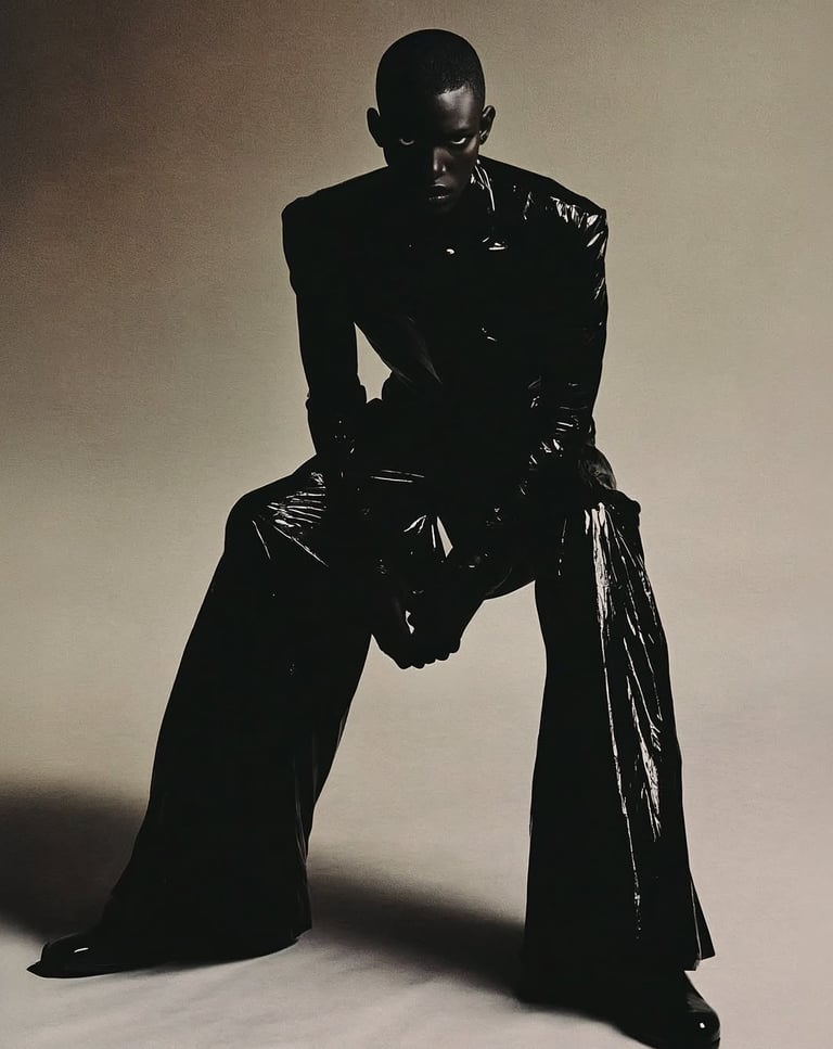 a man in a black leather jacket and black pants