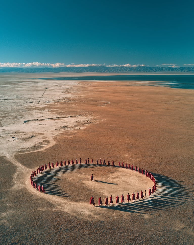 cercle de femmes sur un plage déserte et le ciel bleu à perte de vue
