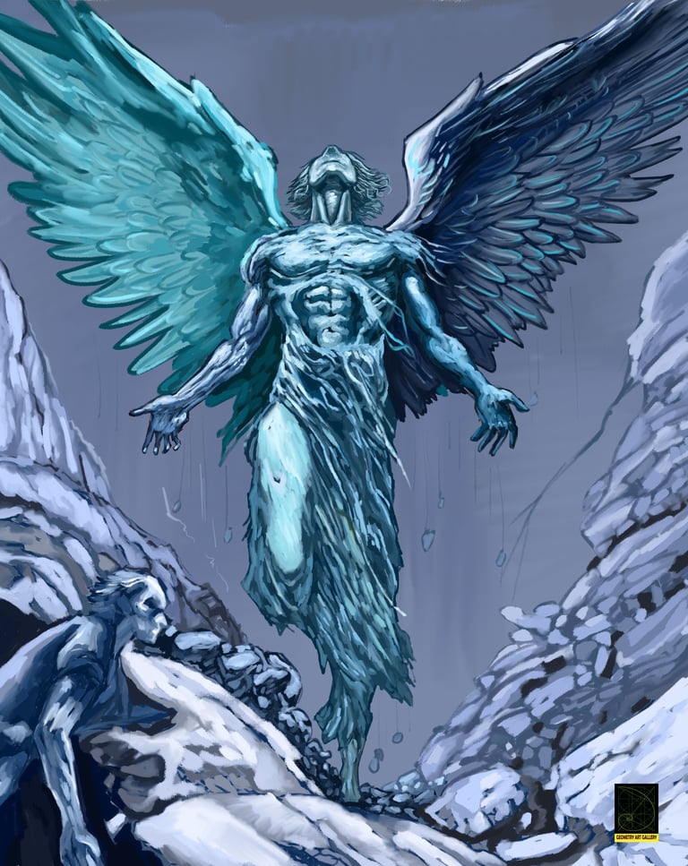 portrait painting or art of divine and heavenly angels taking off from earth