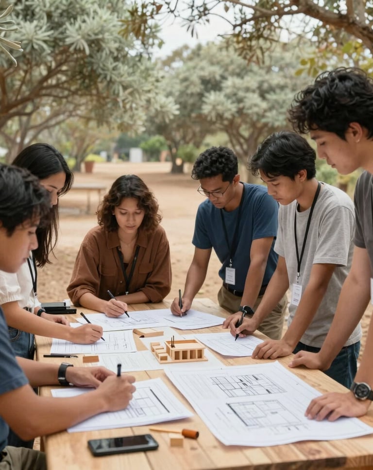 An inspiring group of changemakers working collaboratively around an outdoor timber table with blueprints and sustainable building models. Framed by light sage green trees and warm sand earth tones under soft natural daylight. Realistic photography reflecting community stewardship and visionary leadership in a Global / Sustainable & Impact Community.