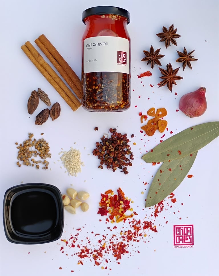 a jar of Longka Kando's Chili oil and spices on a table