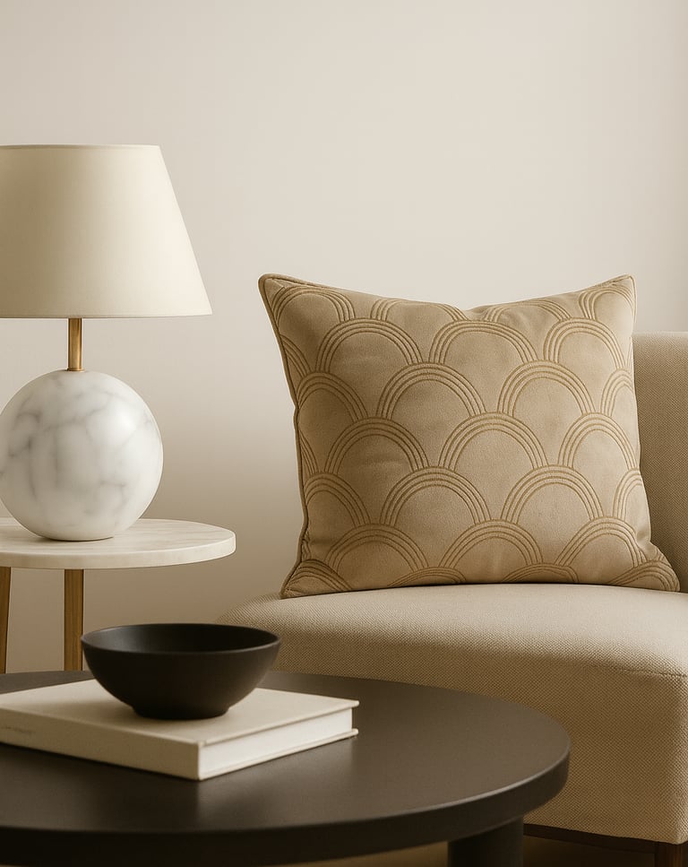 Japandi bamboo pendant light hanging above a neutral living room