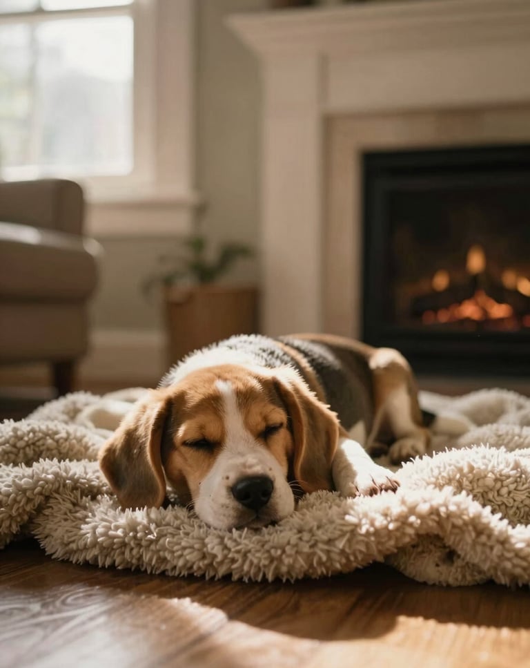 A warm, cozy living room scene with a Beagle puppy sleeping soundly on a soft wool blanket near a fireplace, soft natural window light, shallow depth of field.