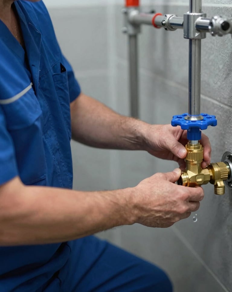 A professional sanitary technician in clean work uniform adjusting a water pressure control valve in a modern German residential building basement. Focus on hands and brass fittings, clean, crisp lighting, deep water-blue and slate-grey color palette, Central European / Germany.