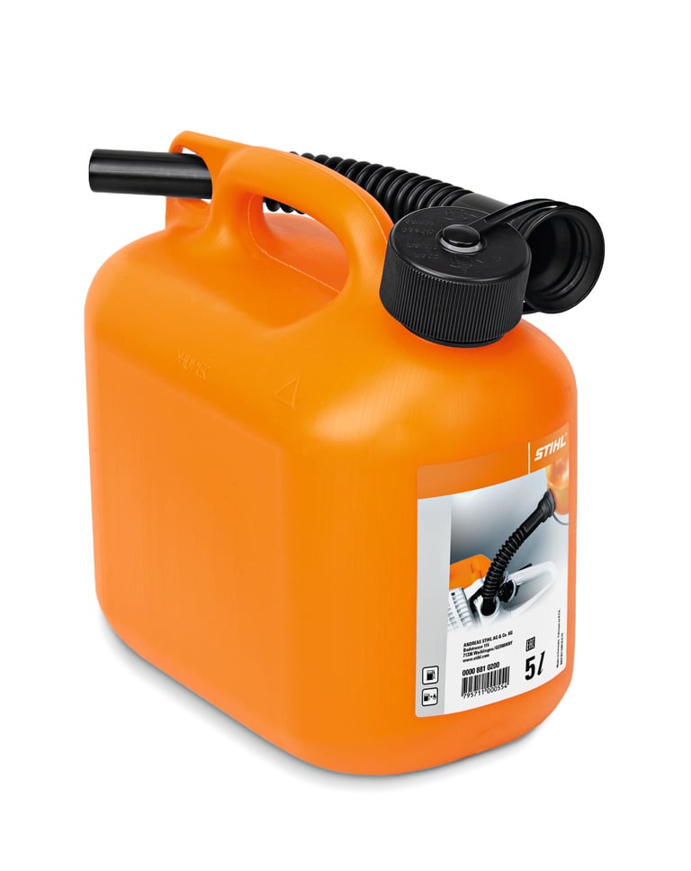 Bidón de combustible Stihl de 5 litros color naranja con boquilla vertedora negra