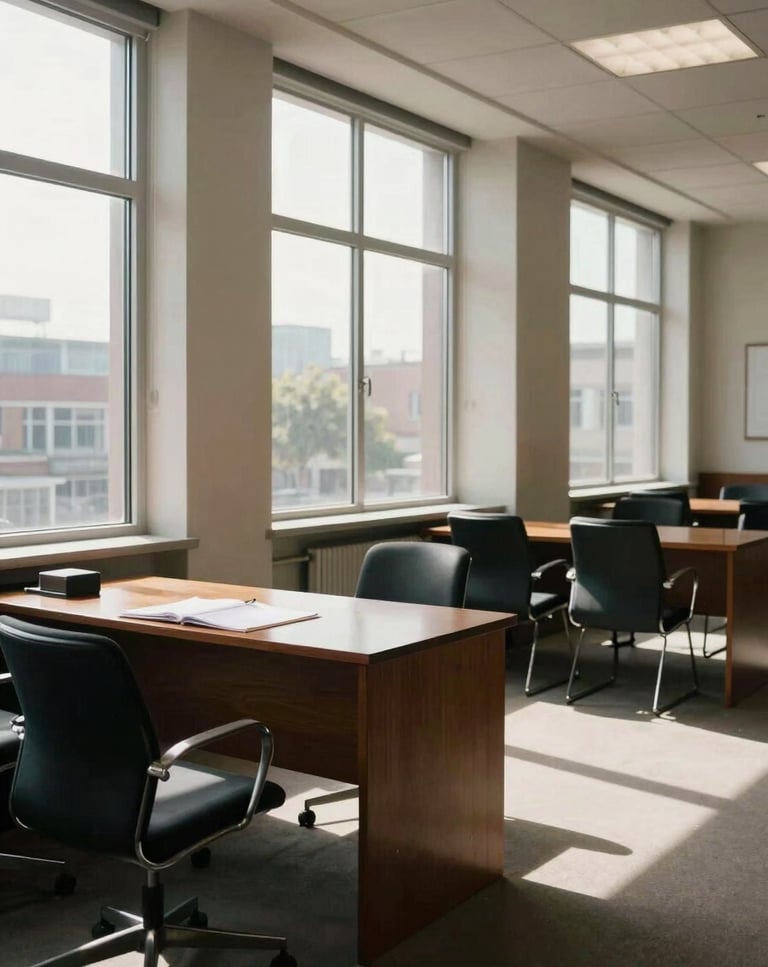 Wide interior of a quiet legal office in natural light — empty chairs, an open file folder on a wooden table, afternoon sun through tall windows casting long rectangles on the floor