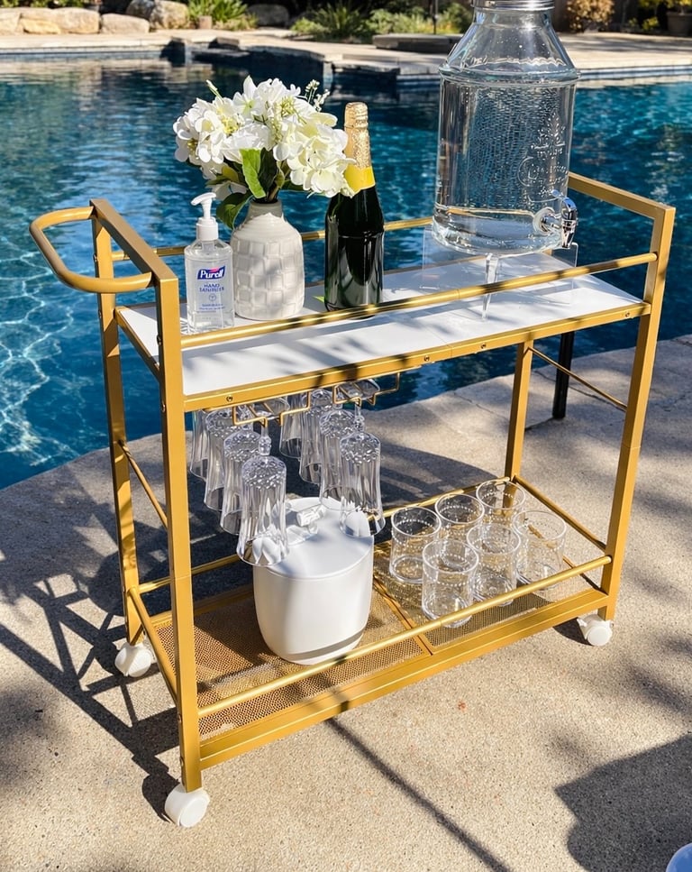 Styled gold bar cart luxury picnic offer with flutes, water, ice bucket, sparkling juice