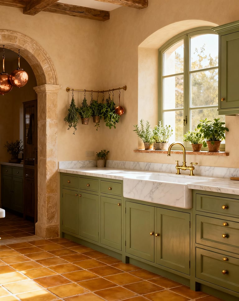 Cocina moderna mediterránea a medida con azulejos, isla en acabado mármol y madera