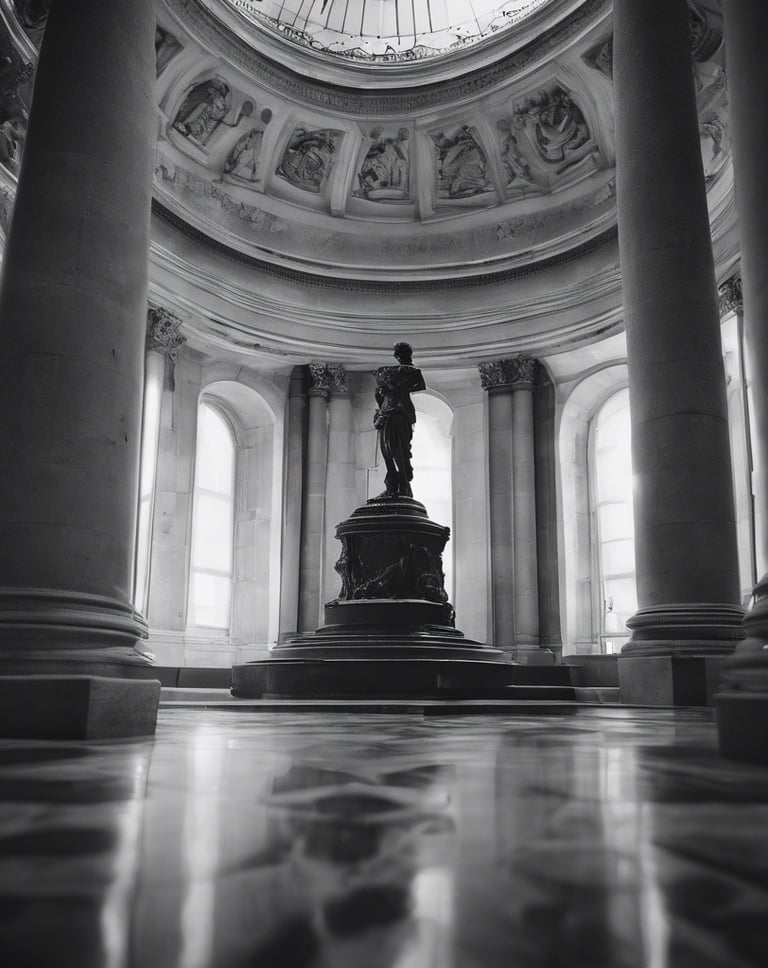 Black and white image of a statue inside a monument