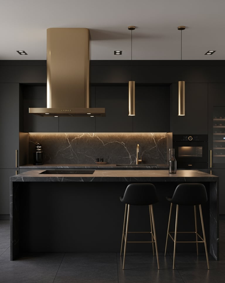 Cocina de lujo moderna dark luxe a medida con isla en acabado mármol negro
