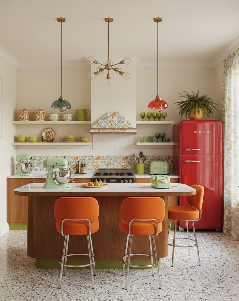 Cocina moderna retro a medida y azulejos, isla en acabado mármol